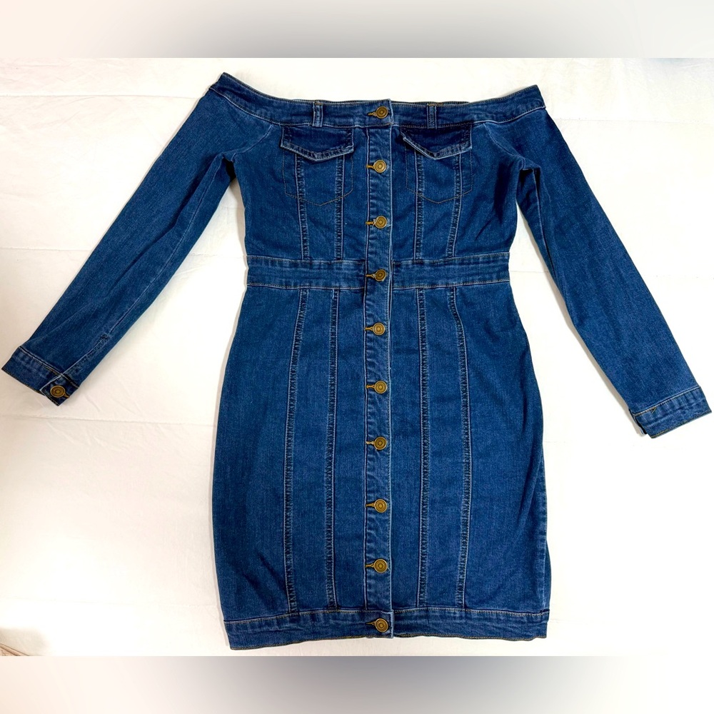 Fashion Nova Blue Denim Off-Shoulder Dress